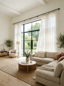 Curtain rods extending beyond the window frame to make windows appear larger.