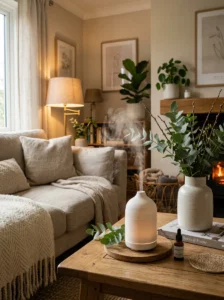 Essential oil diffuser creating a calming natural fragrance in a cozy living room.