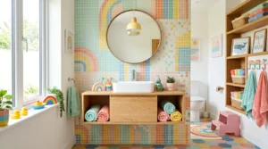 Fun colorful kids bathroom with playful tile designs