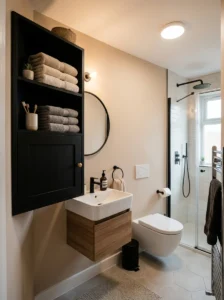 Black corner cabinet in a small bathroom layout