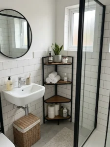 Corner black storage unit small bathroom