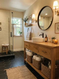 Black bathroom floor tiles paired with a wood vanity