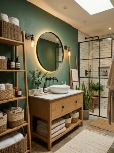 Green and black bathroom styled with warm wood accents