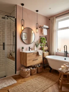 Pink and black bathroom styled with natural wood accents