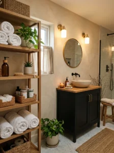 Black bathroom cabinet with warm wood accents