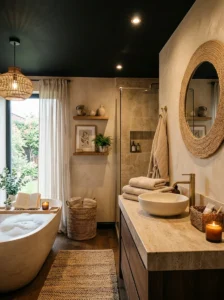 Black ceiling bathroom with soft beige and neutral decor accents