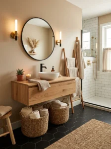 Black hexagon tile floor with natural wood vanity