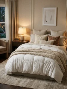 Layered cozy bedding with soft blankets and pillows creating a warm bedroom aesthetic.