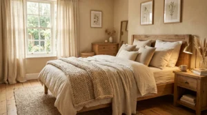 Cozy budget-friendly bedroom with layered bedding, warm lighting, and elegant neutral decor.