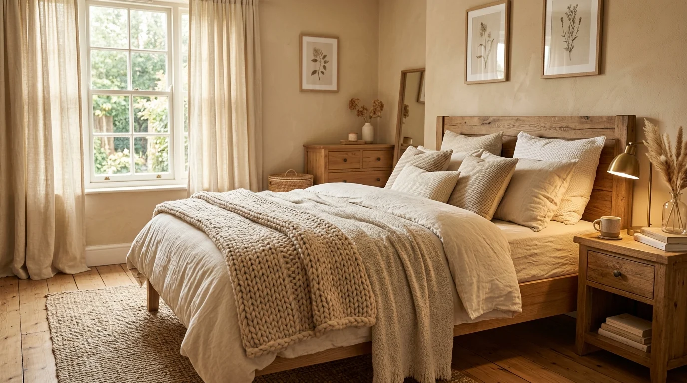 Cozy budget-friendly bedroom with layered bedding, warm lighting, and elegant neutral decor.