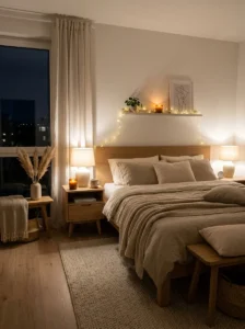 Soft warm bedroom lighting creating a cozy and relaxing atmosphere.