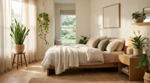 Cozy bedroom with indoor plants improving air quality and creating a relaxing atmosphere.