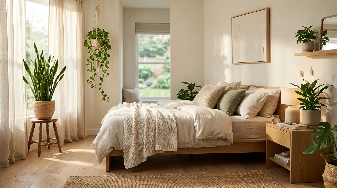 Cozy bedroom with indoor plants improving air quality and creating a relaxing atmosphere.