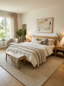 Large bedroom rug properly placed under a cozy neutral bed for a balanced layout.