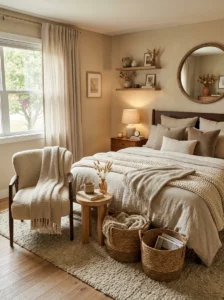 Cozy bedroom layered with soft textures including knit blankets, rugs, and linen fabrics.