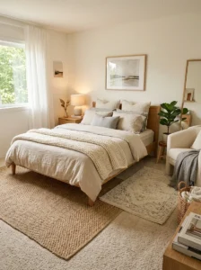 Soft cozy bedroom flooring with warm carpet and layered neutral rugs.