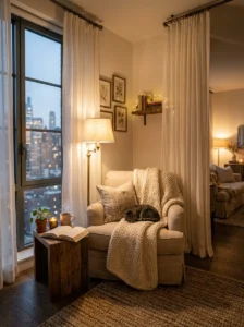 Sheer curtains adding privacy and warmth to a cozy reading nook.