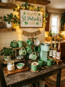 St. Patrick’s Day coffee bar with green mugs and festive kitchen decor