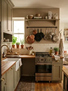 Hanging pots and pans freeing cabinet space in a small kitchen.