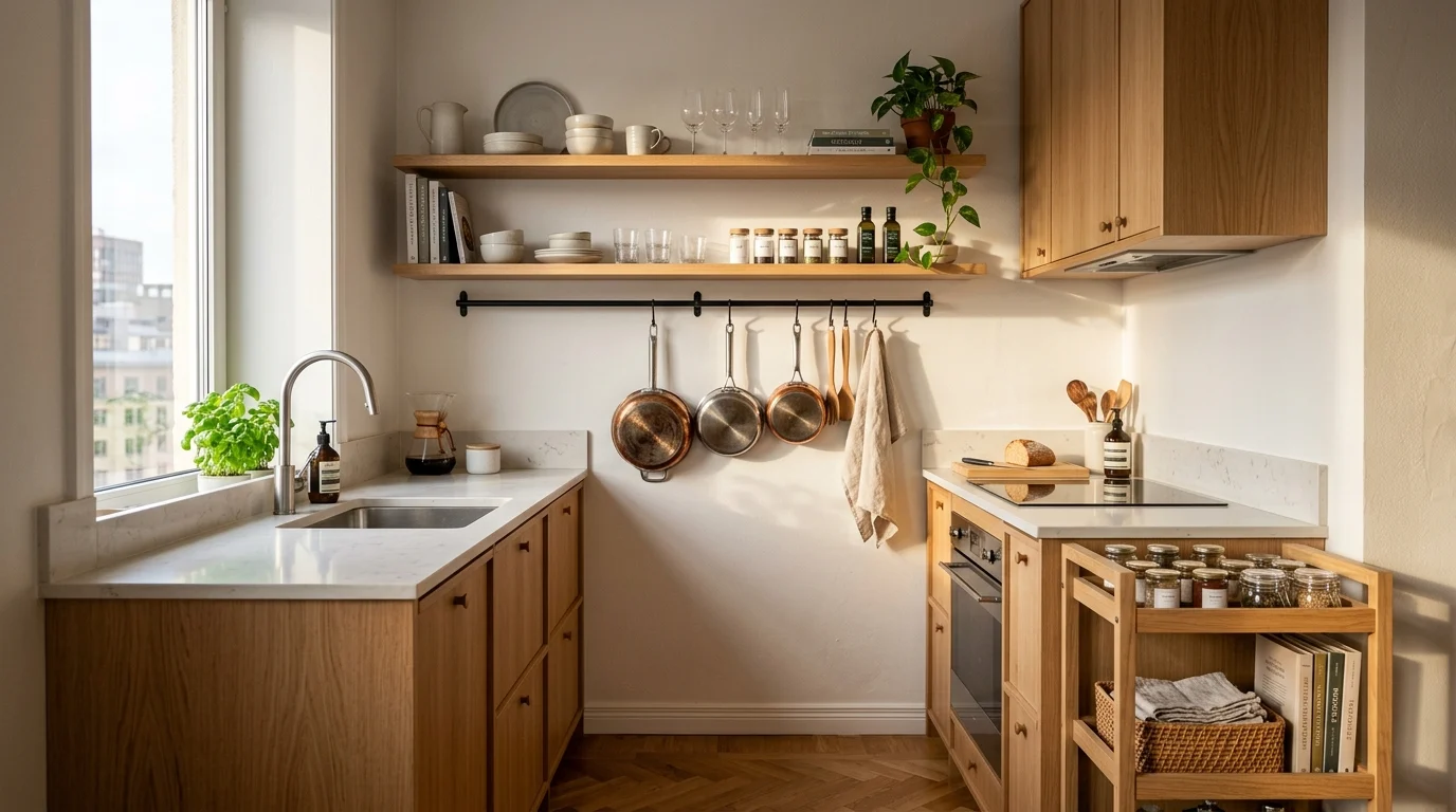 Organized small kitchen with no counter space using smart storage solutions and cozy decor.