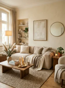Cozy living room with warm neutral paint colors and relaxing atmosphere