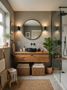 Grey and black bathroom with warm wood accents