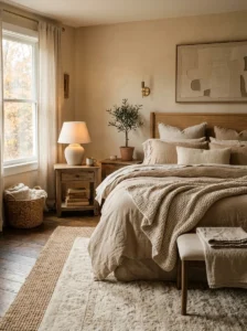 Layered soft fabrics creating warmth in a neutral bedroom interior.