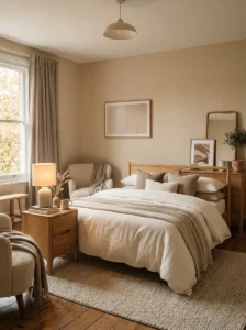 Warm neutral cozy bedroom with beige tones and soft calming interior design.