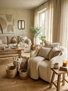 Textured neutral decor with boucle furniture, woven accents, and layered fabrics.