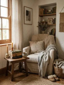 Personal cozy neutral decor with books, candles, and layered home accessories.
