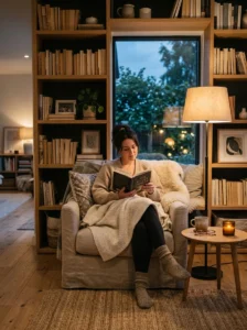 Warm lighting creating a cozy relaxing atmosphere in a reading nook.