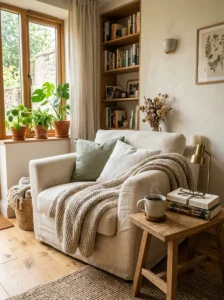 Small side table beside a reading chair adding comfort and function to the nook.