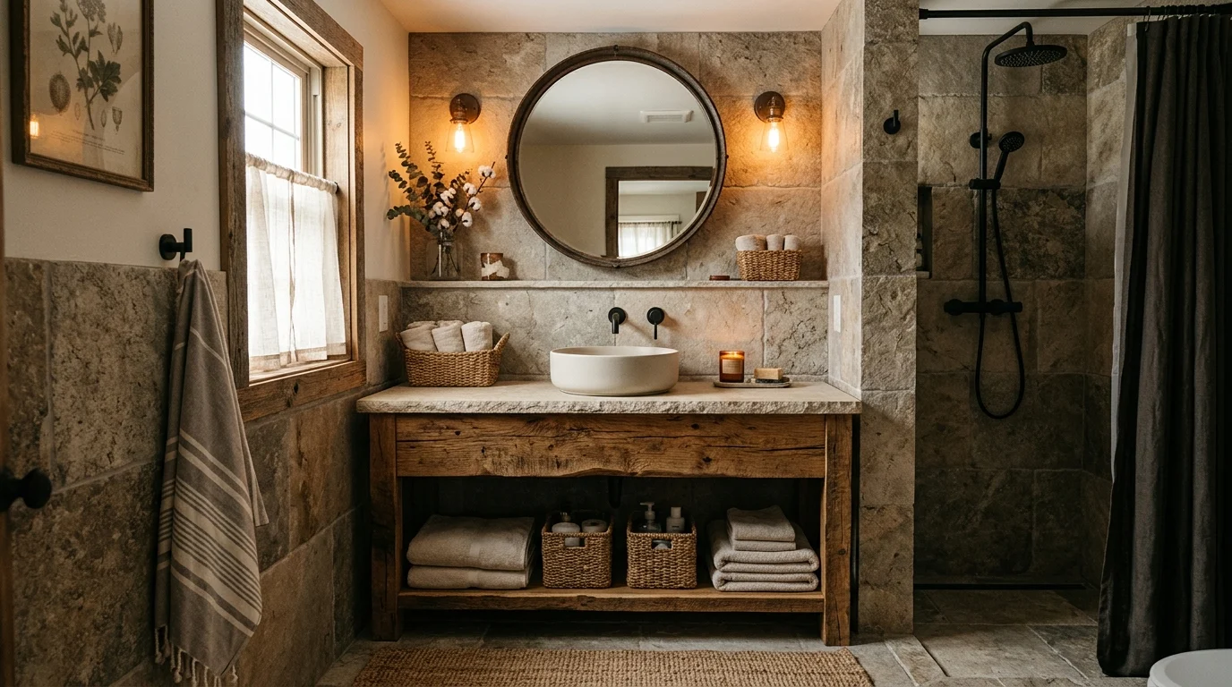 Rustic bathroom with warm stone tiles and wood accents