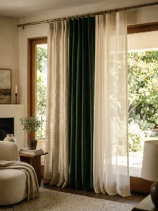 Different curtain fabrics styled in a cozy modern home interior.