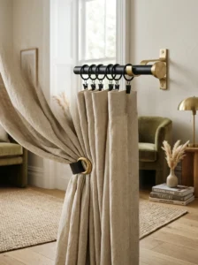 Modern curtain hardware matching the interior style of a cozy living room.