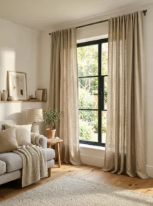 Neutral linen curtains creating a timeless cozy atmosphere in a modern home.