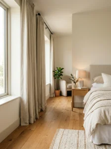 Floor-length curtains softly touching the floor in a cozy modern bedroom.
