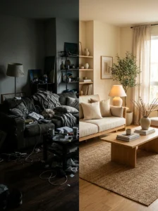 Poor lighting making a room feel darker, smaller, and more cluttered.