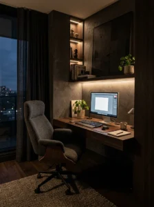 Dark office corner with ambient lighting and soft shadow effects