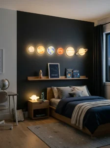LED planet wall display adding a clean and modern space theme to kids room