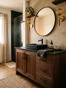 Dark wood vanity with black countertop bathroom design