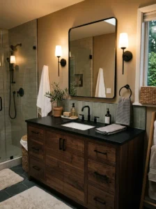 Dark wood vanity with black countertop bathroom