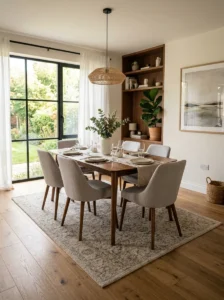 Dining room with elegant engineered wood flooring and low pile area rug.