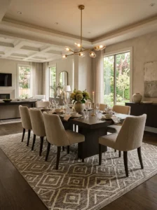 Dining room rug correctly sized to fit table and chairs comfortably.