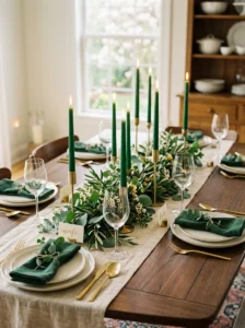 Green and gold St. Patrick’s Day table centerpiece with candles and eucalyptus