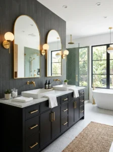 Black and gold double vanity bathroom