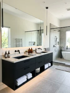 Double sink black vanity bathroom design