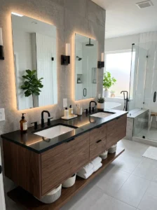 Double vanity bathroom with black countertop design