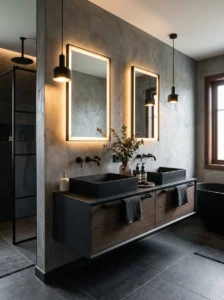 Double black sink vanity creating a sleek and luxurious bathroom setup