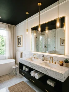 Gold lighting fixtures against a black bathroom ceiling